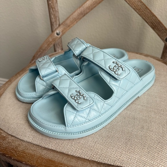 CHANEL Shoes - Chanel quilted Velcro dad chain CC slide sandals